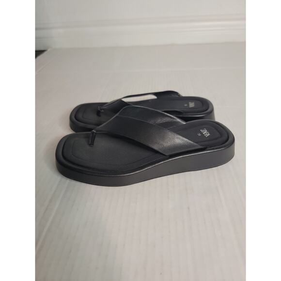 ZARA Black Platform Thong Sandal Leather Square Toe Padded EU 39 / US 8.5 - 9 - Picture 2 of 9